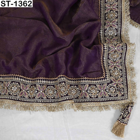 Embroidered Silk Tissue Organza Dupatta: Purple Gold Bridal Wedding Veil Scarf