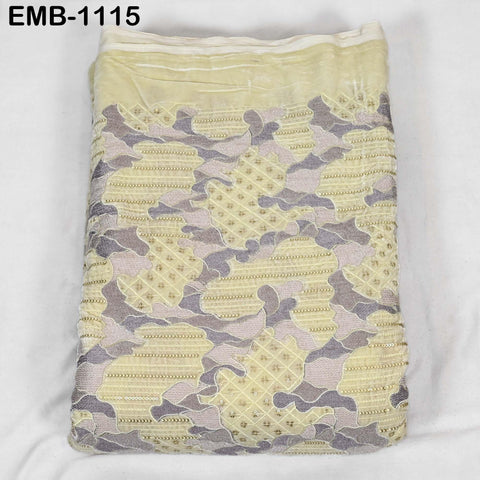 Light Yellow Embroidered Velvet Fabric by the Yard, Indian Craft Sewing Material (1 Yard)
