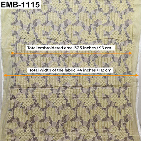 Light Yellow Embroidered Velvet Fabric by the Yard, Indian Craft Sewing Material (1 Yard)