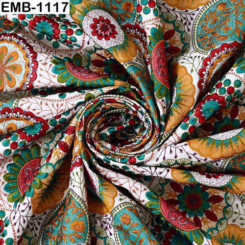 Multicolor Embroidered Viscose Fabric by the Yard (1 Yard) Indian Mandala Pattern: 56 inches