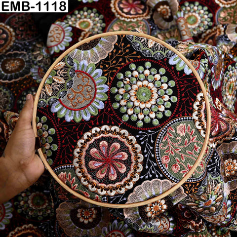 Multicolor Indian Embroidered Viscose Fabric, 56" Wide, Mandala Pattern, 1 Yard