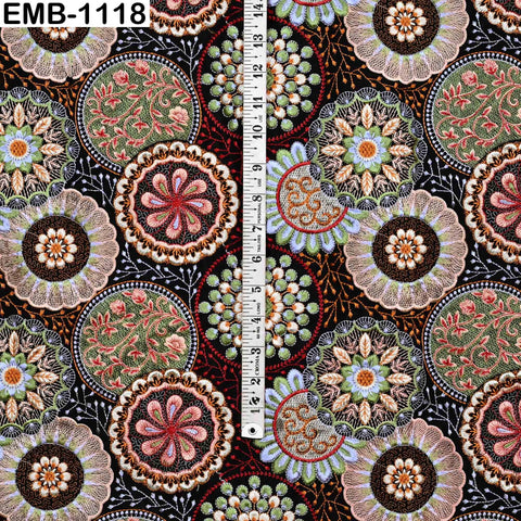 Multicolor Indian Embroidered Viscose Fabric, 56" Wide, Mandala Pattern, 1 Yard