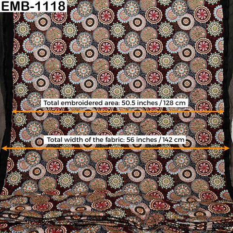 Multicolor Indian Embroidered Viscose Fabric, 56" Wide, Mandala Pattern, 1 Yard