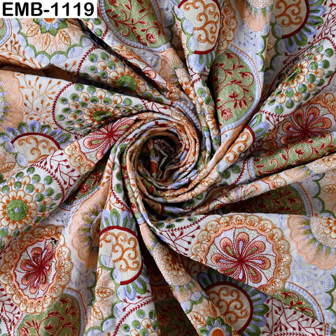 Multicolor Indian Embroidered Viscose Fabric, Mandala Pattern, 56" Wide (1 Yard)