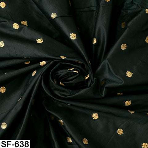 Pure Silk Brocade Fabric by Yard, Two-Tone Dark Green and Black Gold Zari Border, Wedding Costume Home Decor
