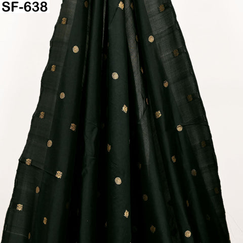 Pure Silk Brocade Fabric by Yard, Two-Tone Dark Green and Black Gold Zari Border, Wedding Costume Home Decor