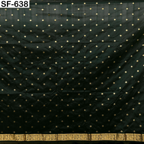 Pure Silk Brocade Fabric by Yard, Two-Tone Dark Green and Black Gold Zari Border, Wedding Costume Home Decor