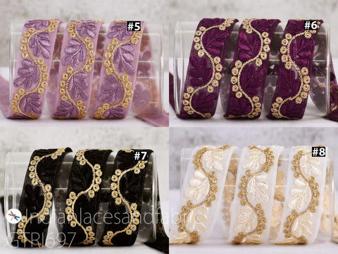 The image is a collage of four images showing different patterns and colors of embroidered ribbons.