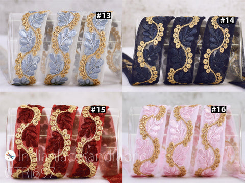 The image is a collage of four images showing different patterns and colors of embroidered ribbons.