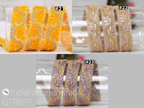The image is a collage of three images showing different types of embroidered ribbons, each with distinct color schemes and designs.