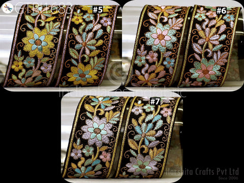 The image is a collage of four photographs showcasing various decorative floral patterns on black fabric. The images feature intricate embroidered designs with flowers and leaves in a range of colors, including shades of pink, yellow, and green. The images are arranged in a grid format, with each photograph displaying a different floral pattern. The collage does not contain any text, and the images are not described in detail.