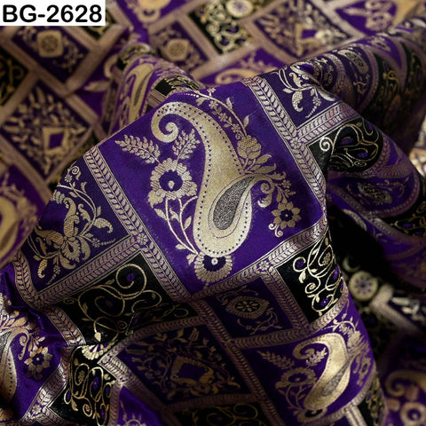 Navy Blue Banarasi Brocade Fabric | Blended Silk, Paisley Design (1 Yard)