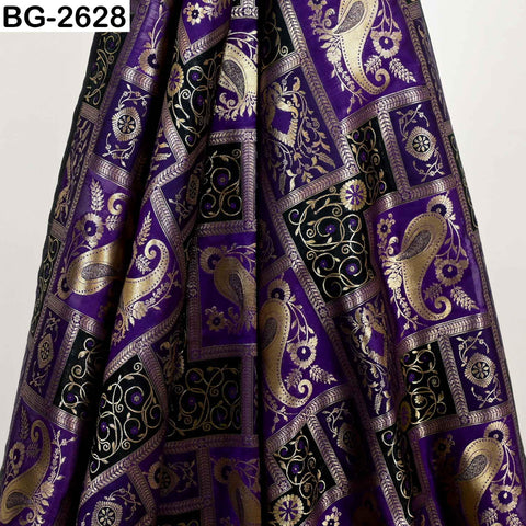 Navy Blue Banarasi Brocade Fabric | Blended Silk, Paisley Design (1 Yard)