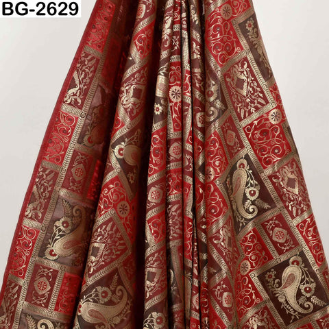 Red Maroon Gold Banarasi Brocade Fabric by the Yard (1 Yard)