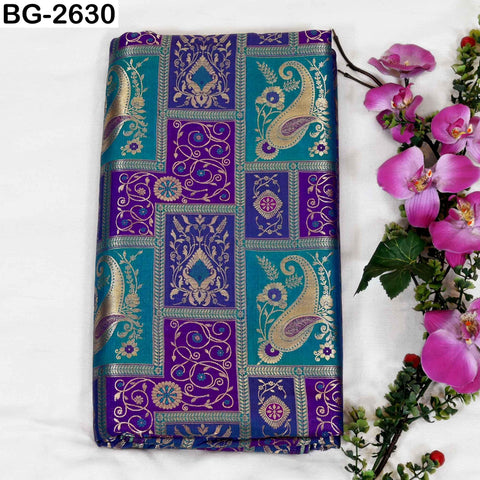 Turquoise Royal Blue Gold Brocade Fabric by Yard: Banarasi Blended Silk Paisley Weaving