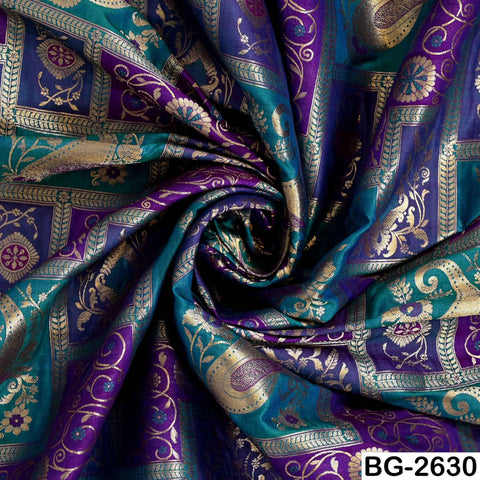 Turquoise Royal Blue Gold Brocade Fabric by Yard: Banarasi Blended Silk Paisley Weaving