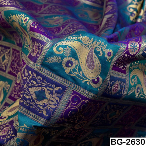 Turquoise Royal Blue Gold Brocade Fabric by Yard: Banarasi Blended Silk Paisley Weaving