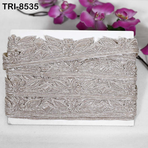 9 Yard Silver Zardozi Trim Indian Handcrafted Sari Border, DIY Crafting Ribbons Saree Metallic Embroidered Zari Handmade Trimmings Costumes
