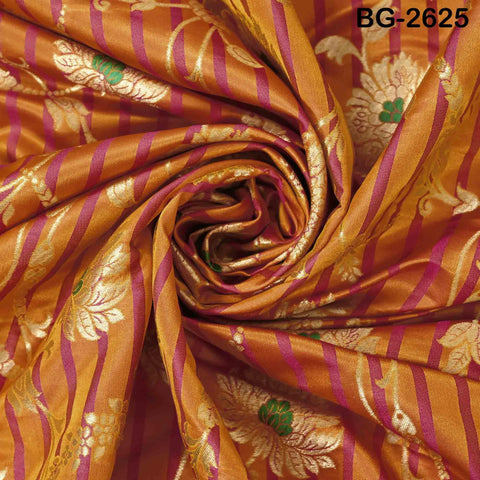 Blended Silk Brocade Fabric by Yard: Mustard Yellow, Magenta, Gold Banarasi Weaving (44" Wide)