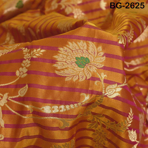 Blended Silk Brocade Fabric by Yard: Mustard Yellow, Magenta, Gold Banarasi Weaving (44" Wide)