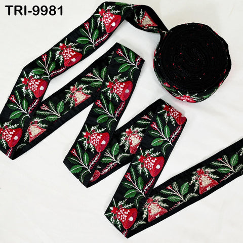a collection of fabric ribbons with a floral pattern in red and green colors. The ribbons are arranged in a way that they appear to be part of a larger set, with one ribbon lying on top of another. The ribbons are displayed against a white background, which highlights their colors and patterns.