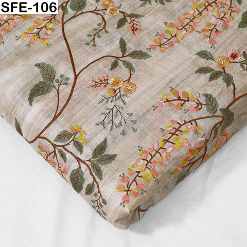 Yellow Embroidered Tussar Silk Fabric, Indian Beige Dress Material