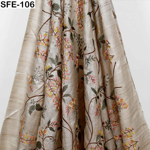 Yellow Embroidered Tussar Silk Fabric, Indian Beige Dress Material
