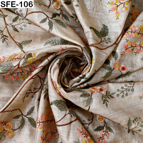 Yellow Embroidered Tussar Silk Fabric, Indian Beige Dress Material