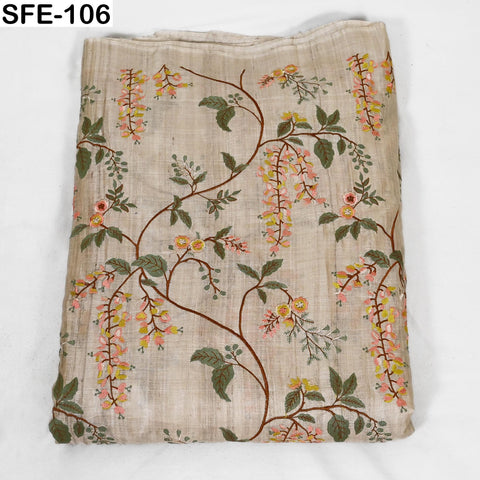 Yellow Embroidered Tussar Silk Fabric, Indian Beige Dress Material