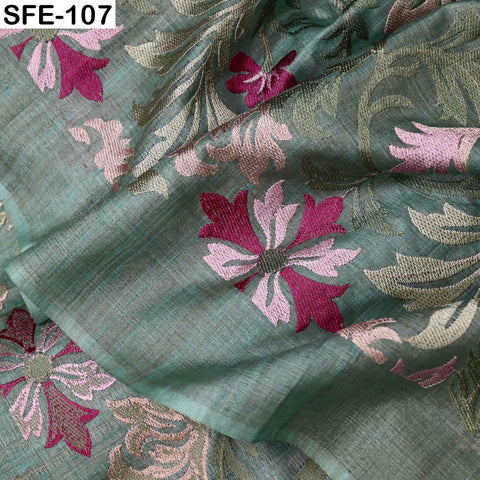 Pure Tussar Silk Embroidered Fabric by Yard Indian Dusty Mint Embroidery Silk Peace Silk Dress Material