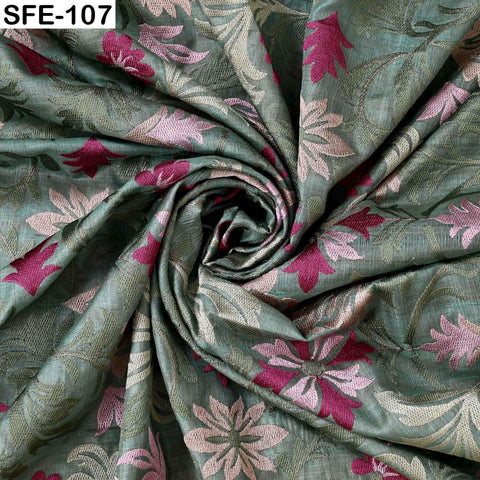 Pure Tussar Silk Embroidered Fabric by Yard Indian Dusty Mint Embroidery Silk Peace Silk Dress Material