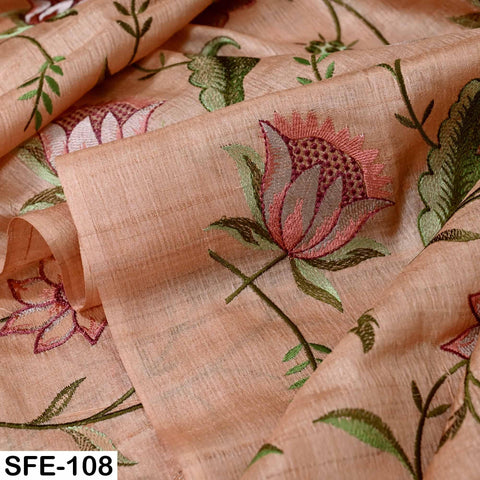 Pure Tussar Silk Embroidery Fabric: Handwoven, Floral Design (1 Yard)