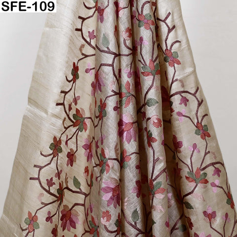 Pure Tussar Silk Embroidered Fabric by yard Indian Ivory Embroidery Raw Silk Wild Natural Handmade Peace Silk Tussah Dress Material