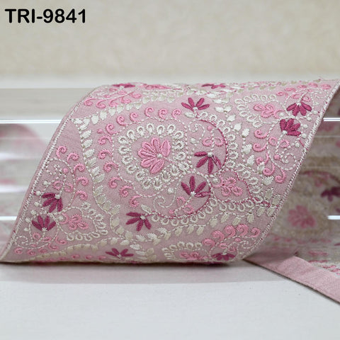 Embroidered Saree Border Trim: Pink Floral Visose Fabric (1 Meter)