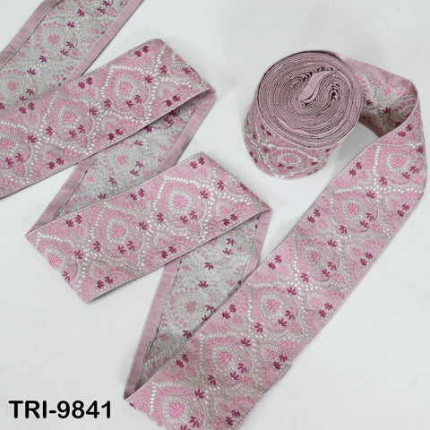 Embroidered Saree Border Trim: Pink Floral Visose Fabric (1 Meter)