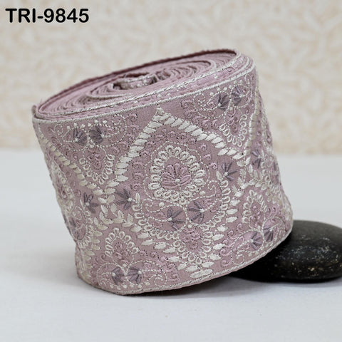 Embroidered Saree Border Trim: Mauve Floral Viscose Fabric (1 Meter)