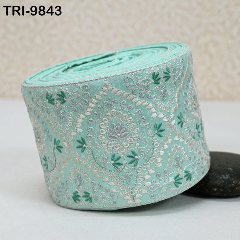 Embroidered Saree Border Trim: Ice Green Floral Viscose Fabric (1 Meter)