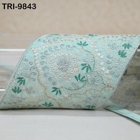 Embroidered Saree Border Trim: Ice Green Floral Viscose Fabric (1 Meter)