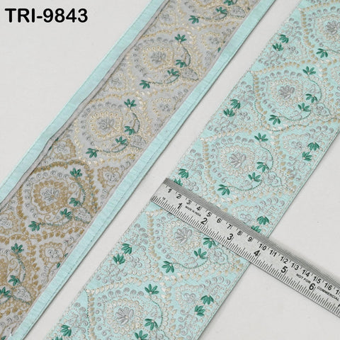 Embroidered Saree Border Trim: Ice Green Floral Viscose Fabric (1 Meter)