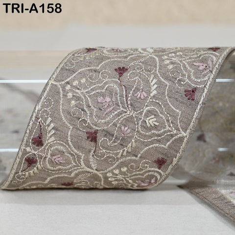 Embroidered Viscose Sari Border Trim, Brownish Grey, 8cm Wide (1 Meter)