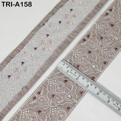 Embroidered Viscose Sari Border Trim, Brownish Grey, 8cm Wide (1 Meter)