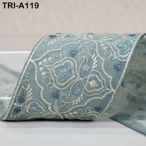Embroidered Viscose Sari Border Trim, Grey, 8cm Wide (1 Meter)