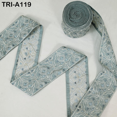 Embroidered Viscose Sari Border Trim, Grey, 8cm Wide (1 Meter)