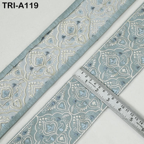 Embroidered Viscose Sari Border Trim, Grey, 8cm Wide (1 Meter)