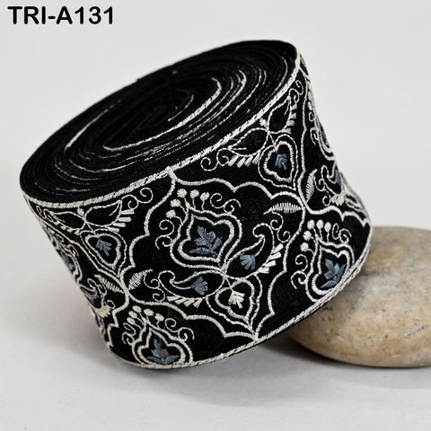 Embroidered Viscose Sari Border Trim, Black 8cm Wide (1 Meter)