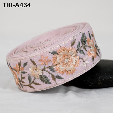 9-Yard Embroidered Ribbon: Floral Peach, Grey, Brown, Ivory (Wholesale)
