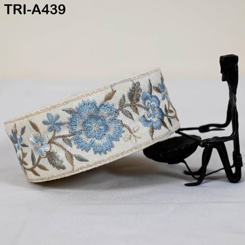 9-Yard Embroidered Ribbon: Floral Blue, Grey, Brown, Ivory (Wholesale)