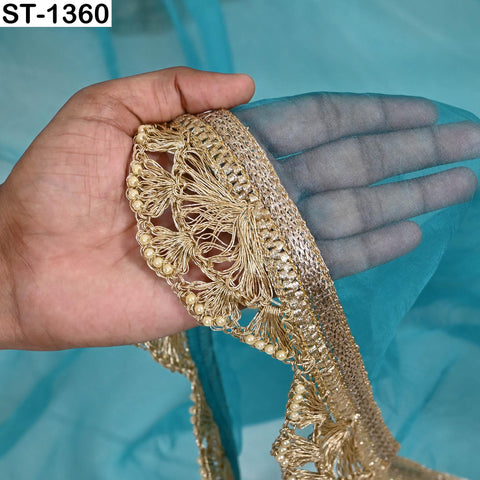 Turquoise Silk Organza Dupatta – Gold Embroidered Lace Border, 2.5yd Bridal Scarf