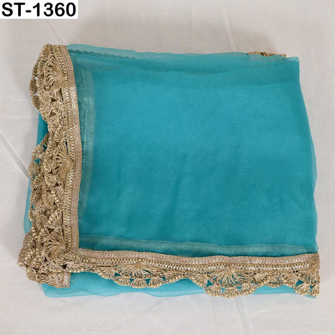 Turquoise Silk Organza Dupatta – Gold Embroidered Lace Border, 2.5yd Bridal Scarf