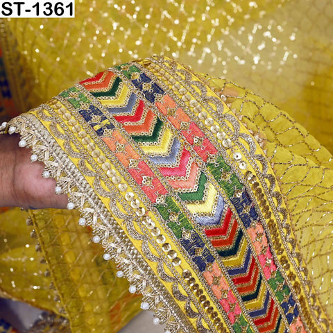 Yellow Organza Dupatta with Gold Beads, Sequins, Embroidery (2.5 Yard)